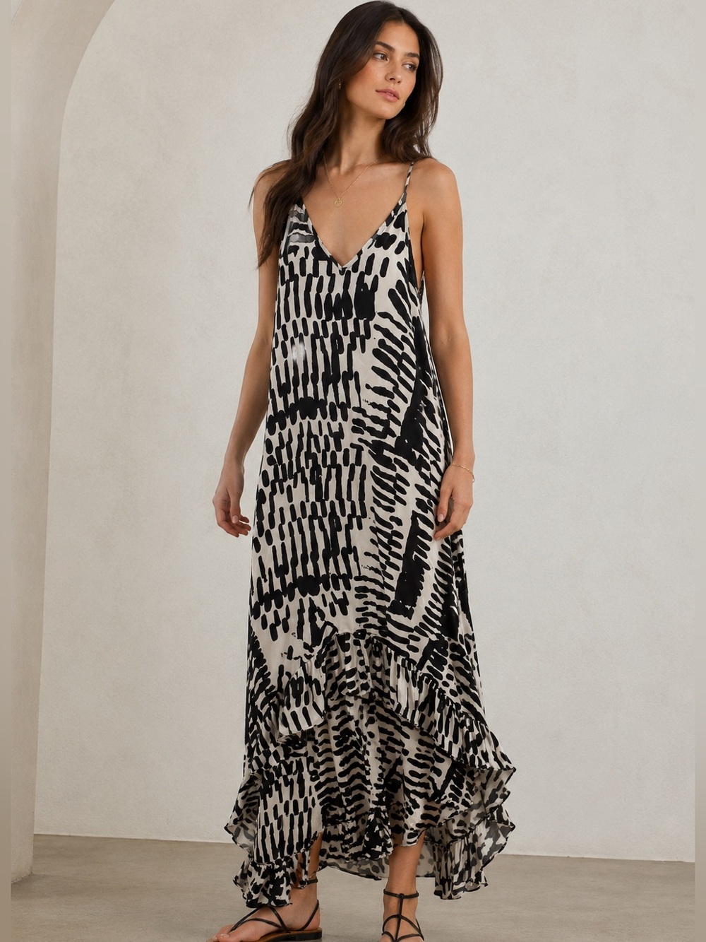 VTG Y2K Asymmetrical Silk Dress white black abstract made in USA size small